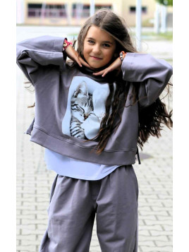 Bluza szara z kotkiem + frędzle qba Kids