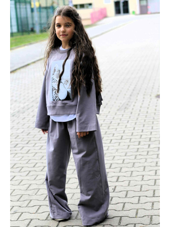 Bluza szara z kotkiem + frędzle qba Kids