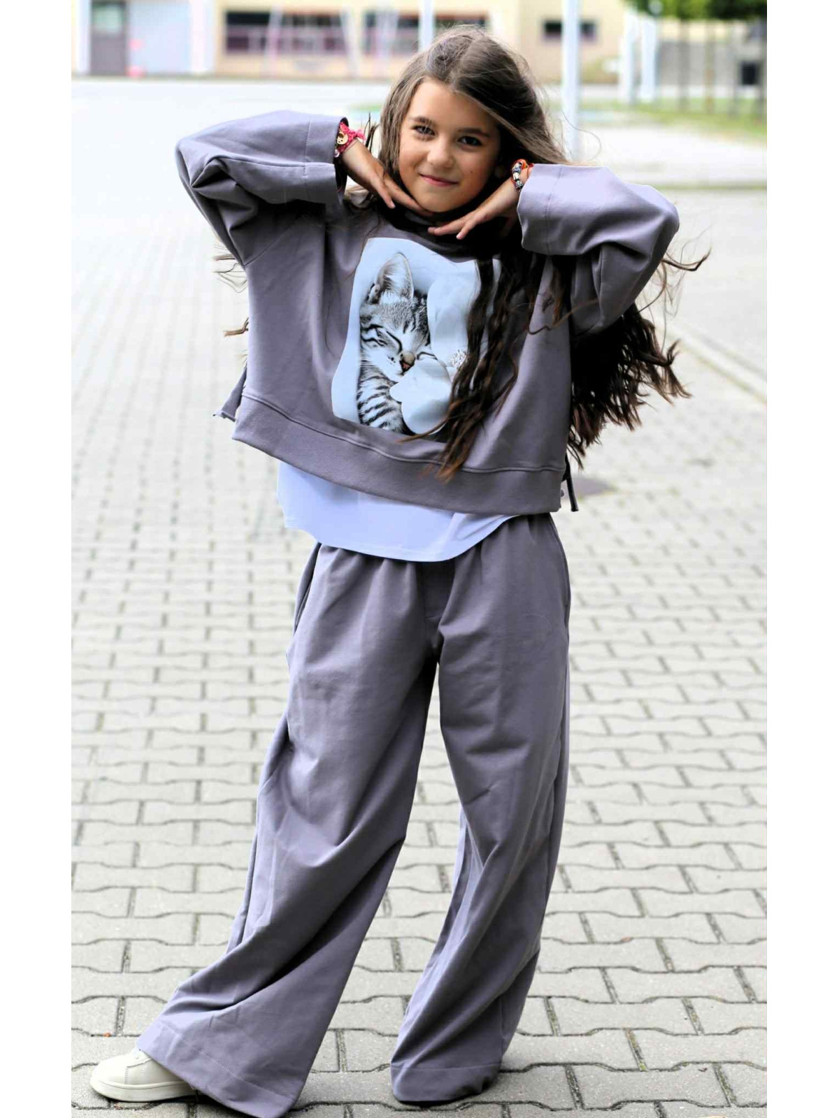 Bluza szara z kotkiem + frędzle qba Kids
