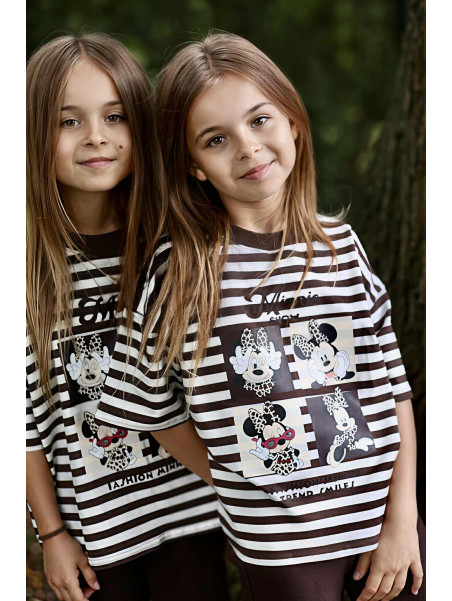 T-shirt w paski brązowe z myszką MIKI Qba Kids