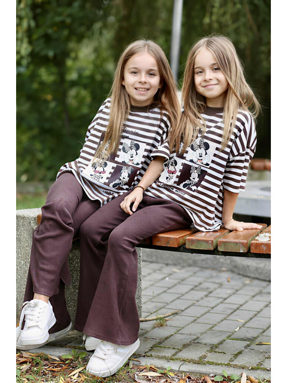 T-shirt w paski brązowe z myszką MIKI Qba Kids