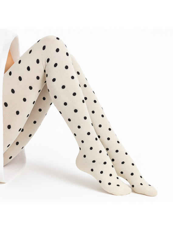 Rajstopy bawełniane ecru w czarne groszki tullinogi