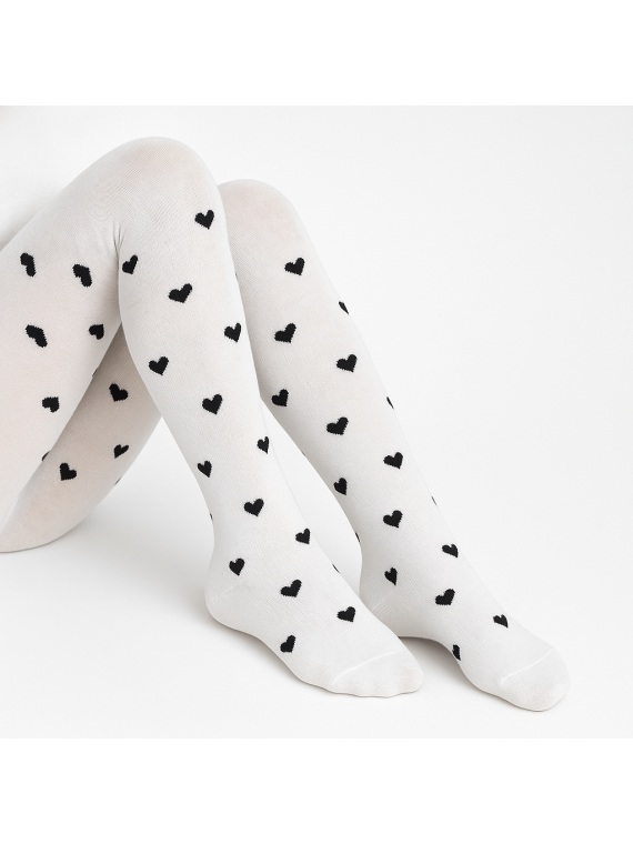Rajstopy Bawełniane ecru w czarne serduszka tullinogi