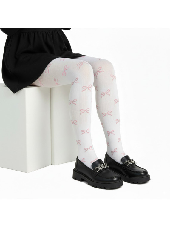 Rajstopy bawełniane białe w różowe kokardki tullinogi