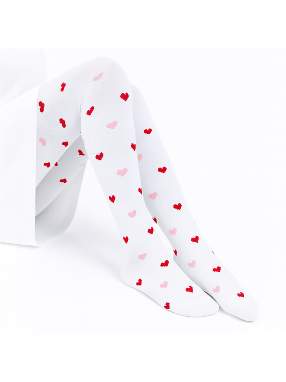 Rajstopy bawełniane białe w różowe i czerwone serduszka tullinogi