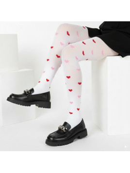 Rajstopy bawełniane białe w różowe i czerwone serduszka tullinogi