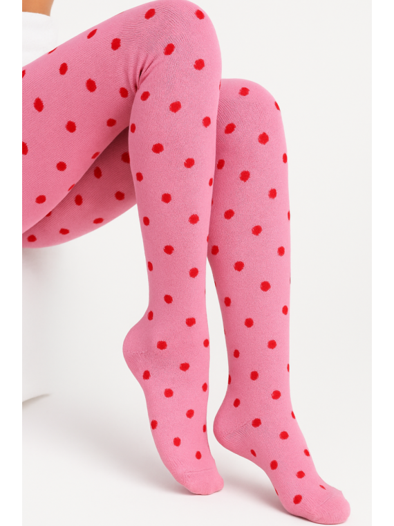 Rajstopy bawełniane różowe w czerwone groszki tullinogi