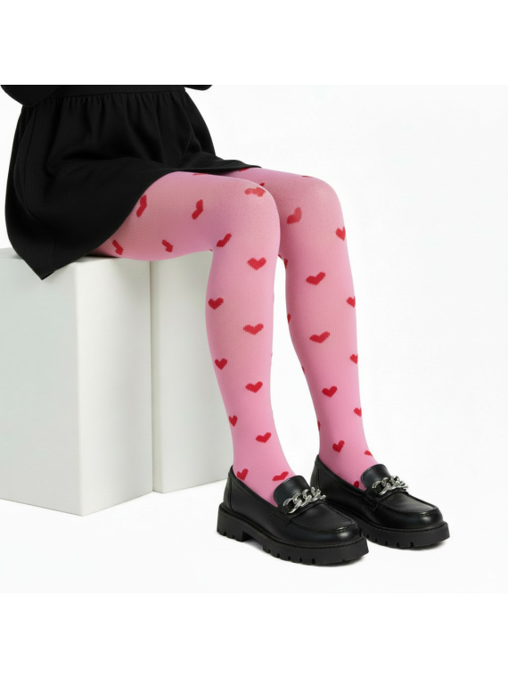 Rajstopy bawełniane różowe w czerwone serduszka tullinogi