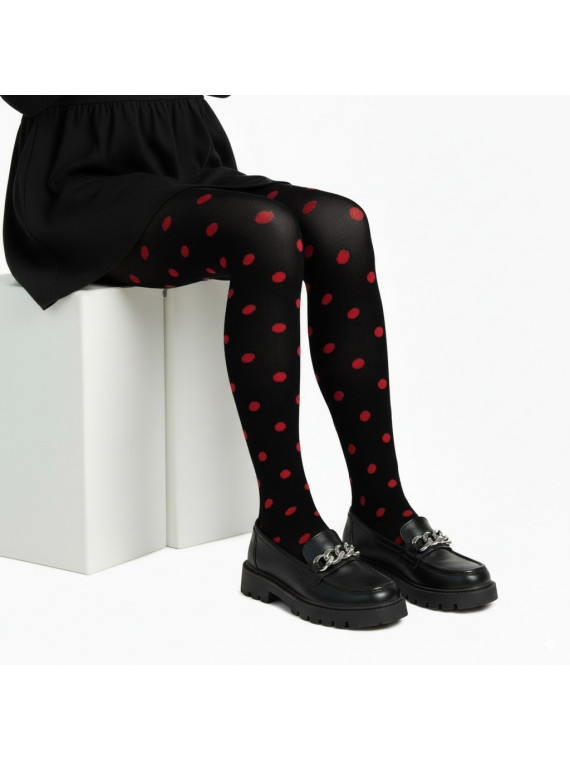 Rajstopy bawełniane czarne w czerwone groszki tullinogi