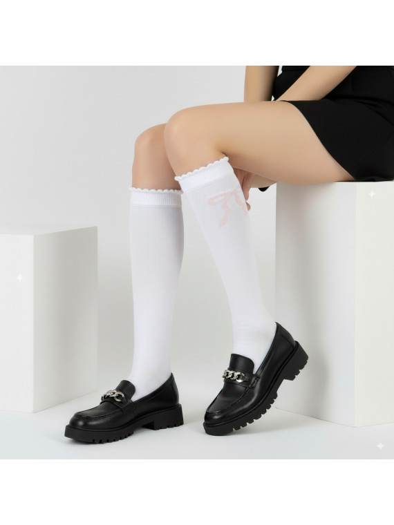 Podkolanówki bawełniane białe z różową kokardką tullinogi