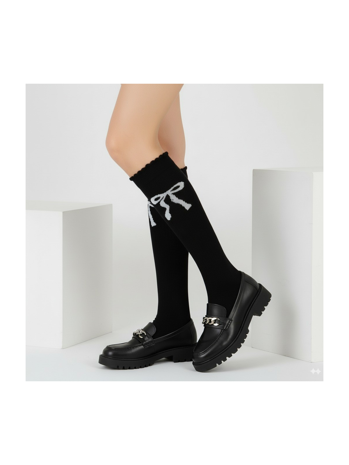 Podkolanówki bawełniane czarne z kokardką tullinogi