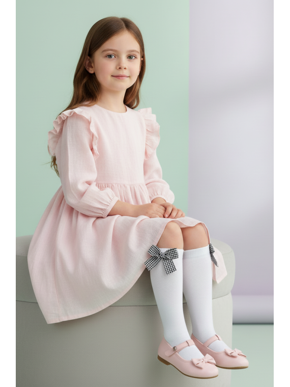 Podkolanówki białe z kokardkami w pepitkę