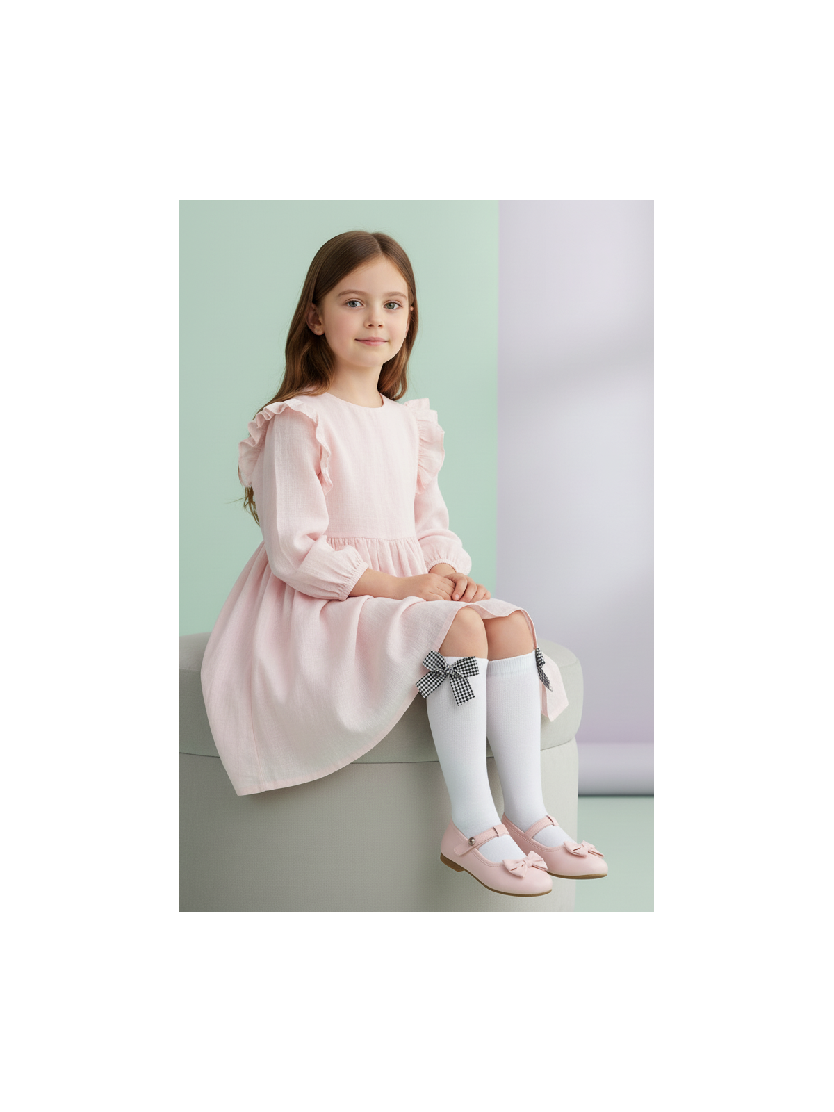 Podkolanówki białe z kokardkami w pepitkę