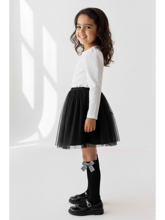 Podkolanówki czarne z kokardkami w pepitkę