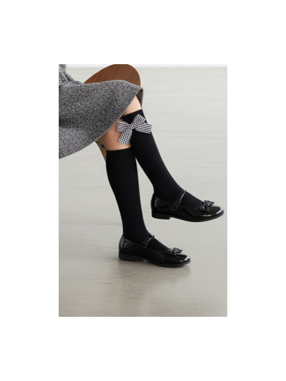 Podkolanówki czarne z kokardkami w pepitkę