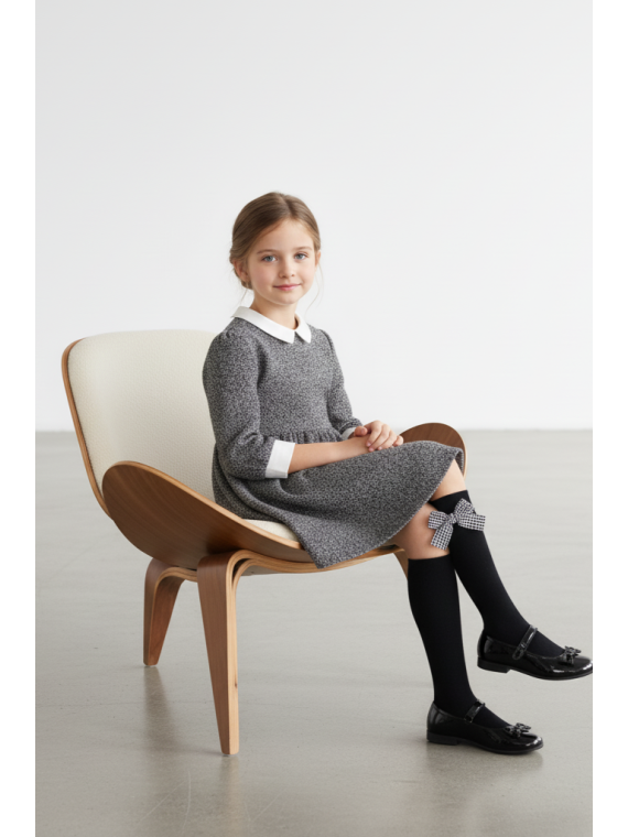 Podkolanówki czarne z kokardkami w pepitkę