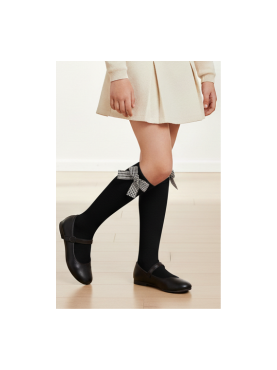 Podkolanówki czarne z kokardkami w pepitkę