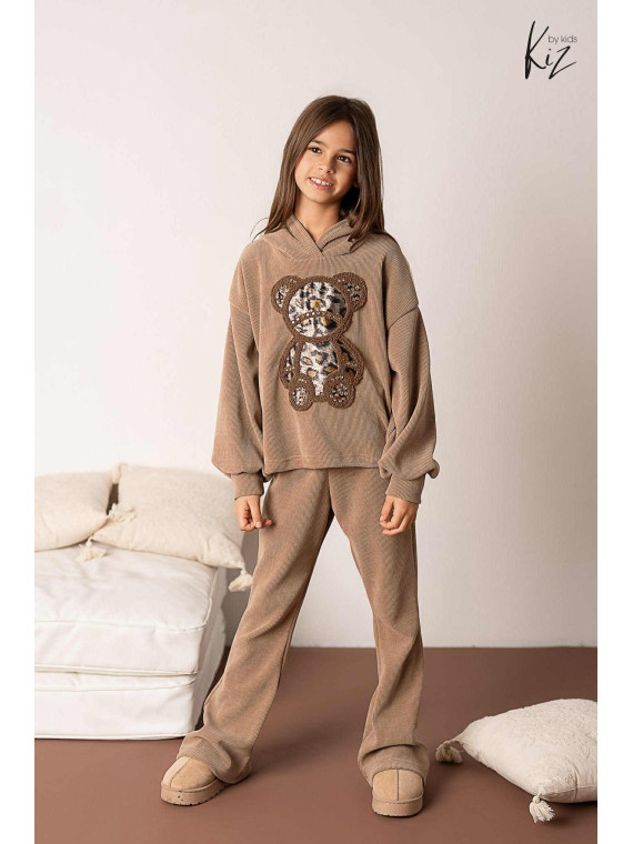 Dres- Bluza z misiem + Spodnie dzwony beż kiz by kids