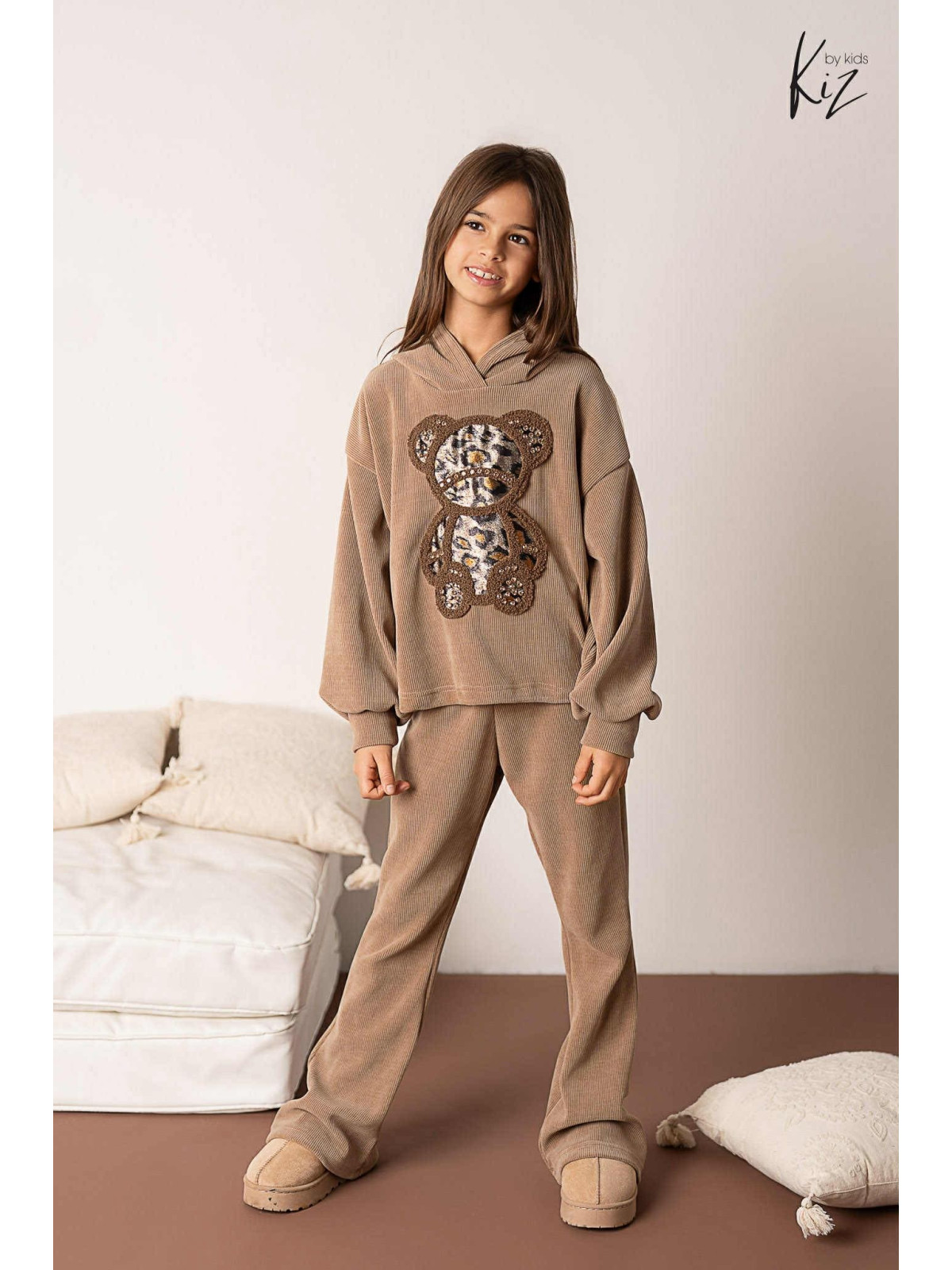 Dres- Bluza z misiem + Spodnie dzwony beż kiz by kids