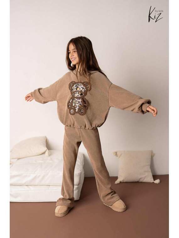 Dres- Bluza z misiem + Spodnie dzwony beż kiz by kids
