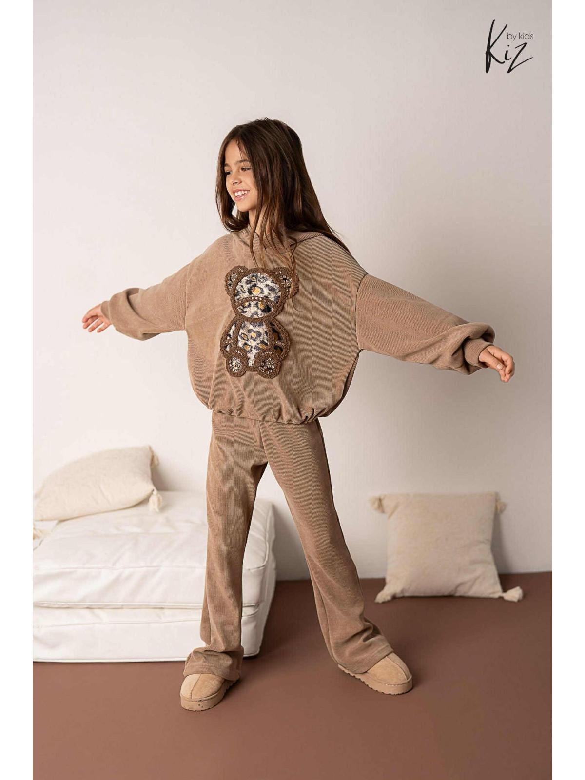 Dres- Bluza z misiem + Spodnie dzwony beż kiz by kids