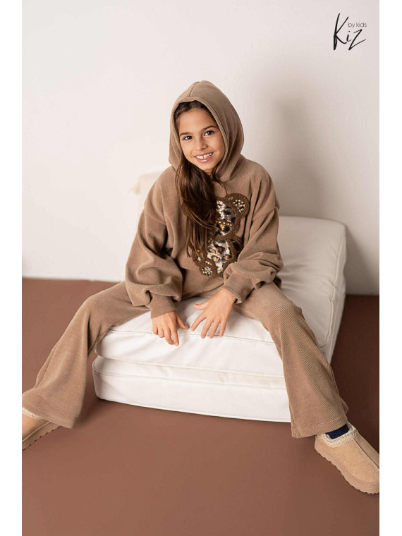 Dres- Bluza z misiem + Spodnie dzwony beż kiz by kids