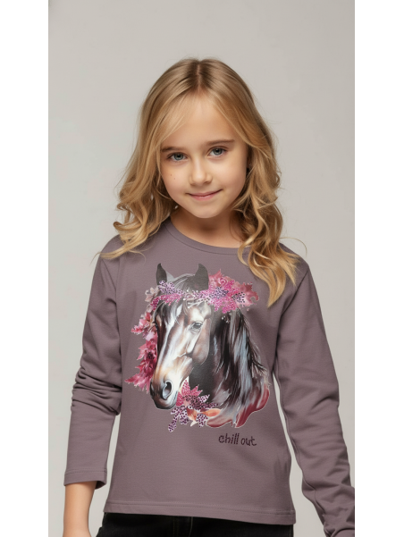 Bluzka bawełniana jagodowa koń w kwiatach z dżetami chill out