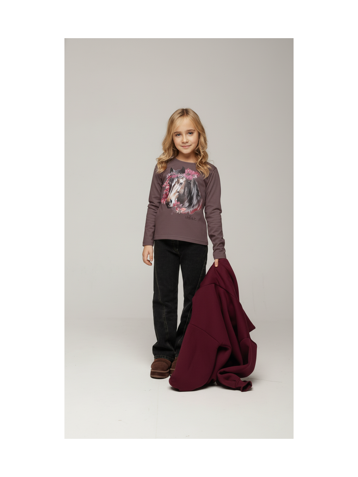 Bluzka bawełniana jagodowa koń w kwiatach z dżetami chill out