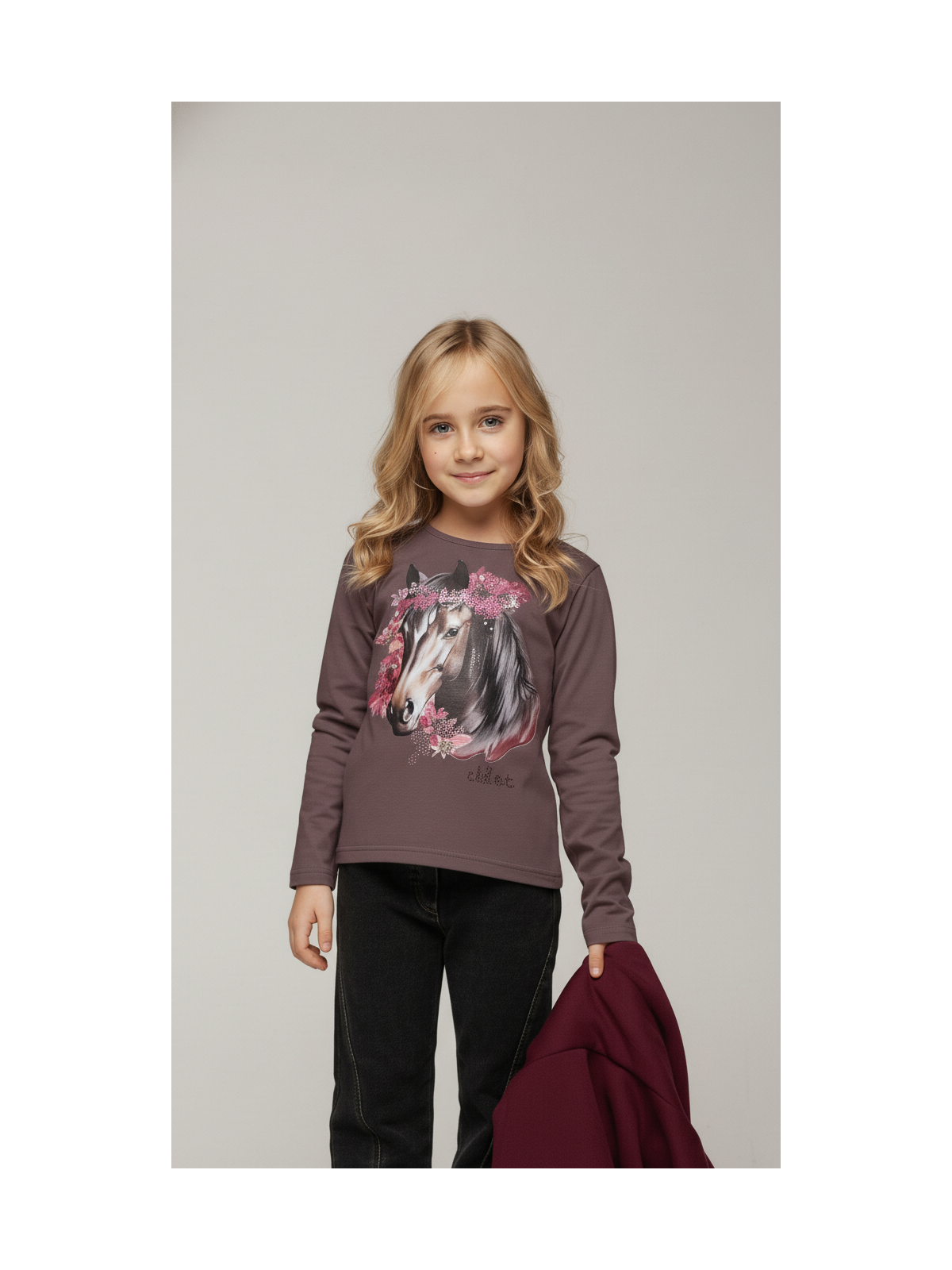 Bluzka bawełniana jagodowa koń w kwiatach z dżetami chill out