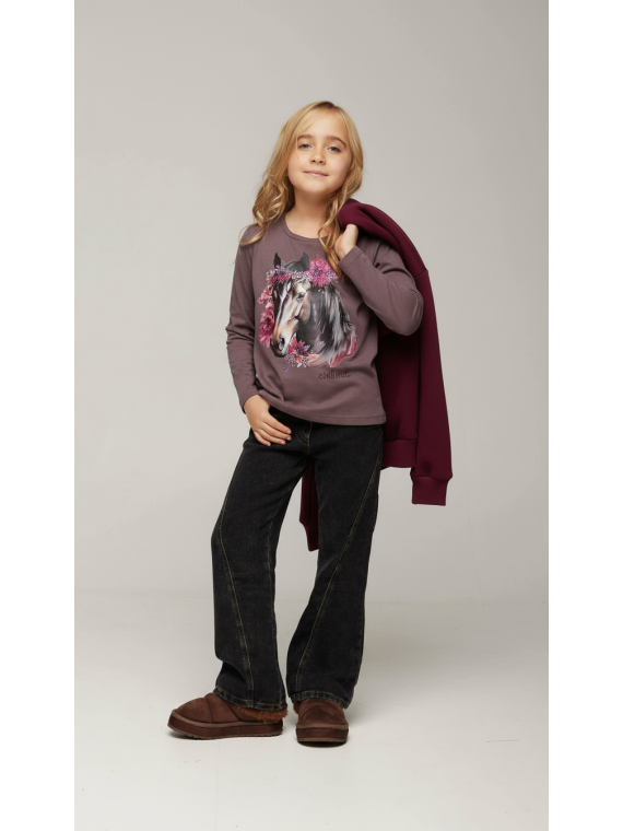 Bluzka bawełniana jagodowa koń w kwiatach z dżetami chill out