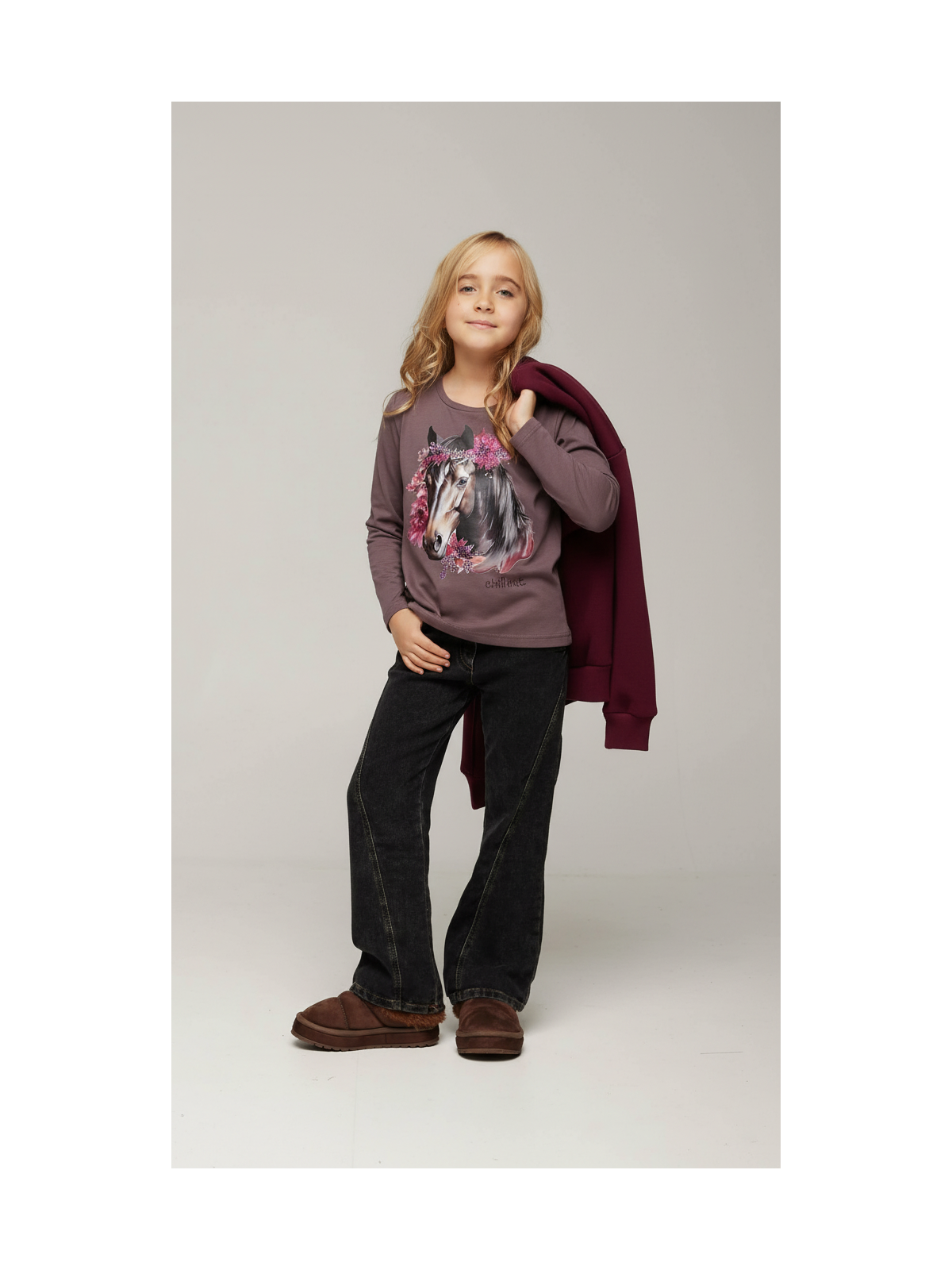 Bluzka bawełniana jagodowa koń w kwiatach z dżetami chill out