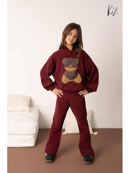 Dres- Bluza z misiem + spodnie dzwony sztruks BORDO Kiz by kids