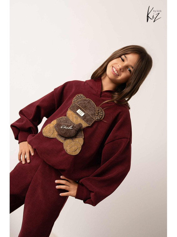 Dres- Bluza z misiem + spodnie dzwony sztruks BORDO Kiz by kids