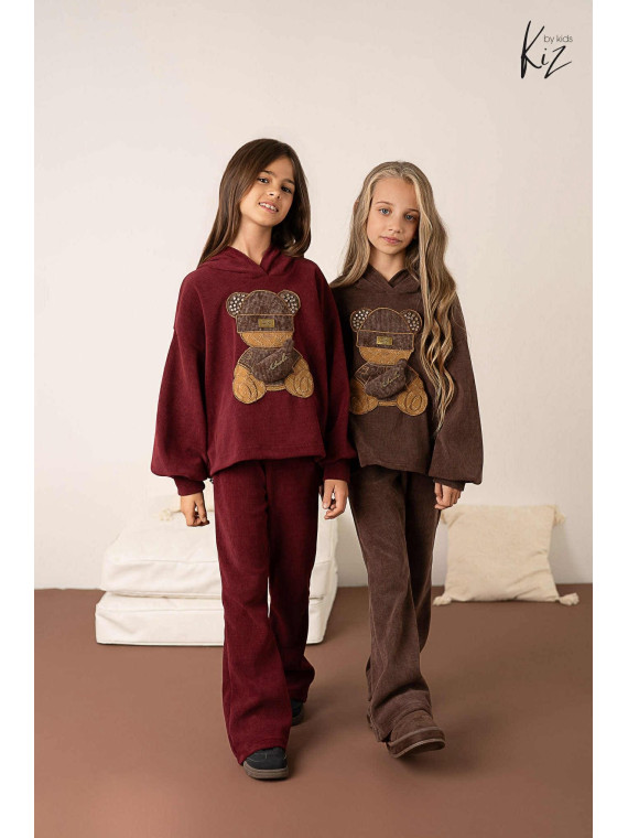 Dres- Bluza z misiem + spodnie dzwony sztruks BORDO Kiz by kids