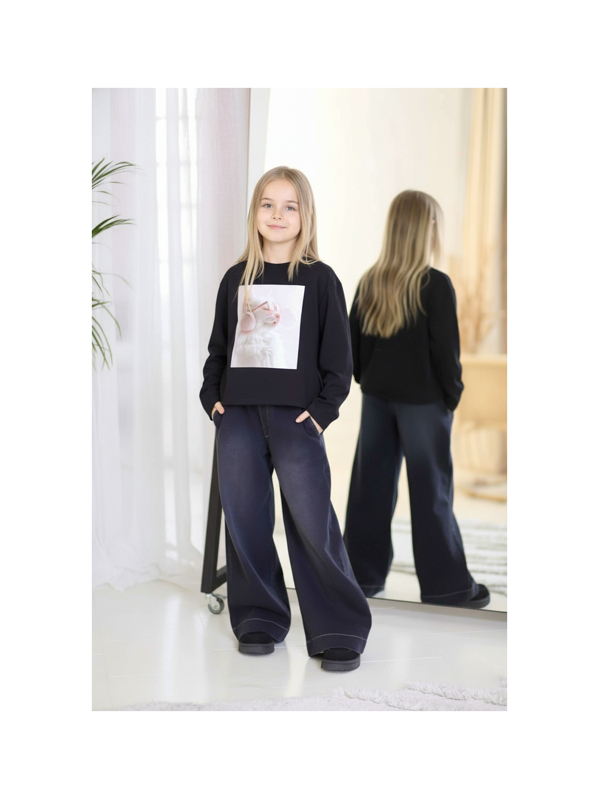 Czarna bluzka z nadrukiem kota Qba Kids