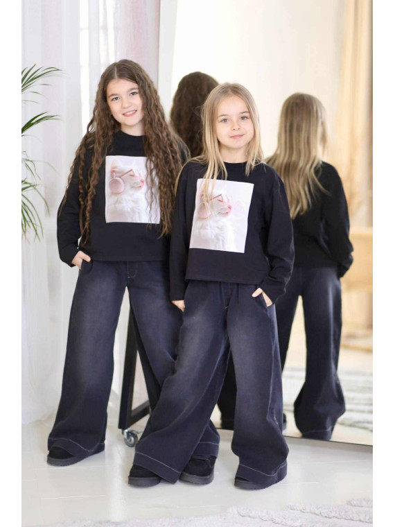 Czarna bluzka z nadrukiem kota Qba Kids